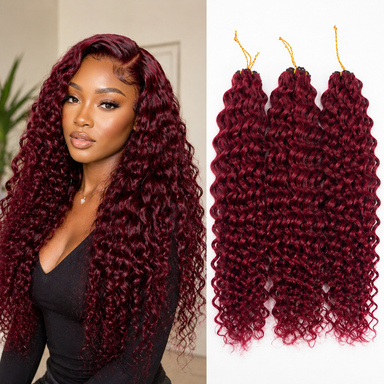 CM™ 99J Burgundy Crochet Human Hair Feather Hair Extensions 16in+18in+20in