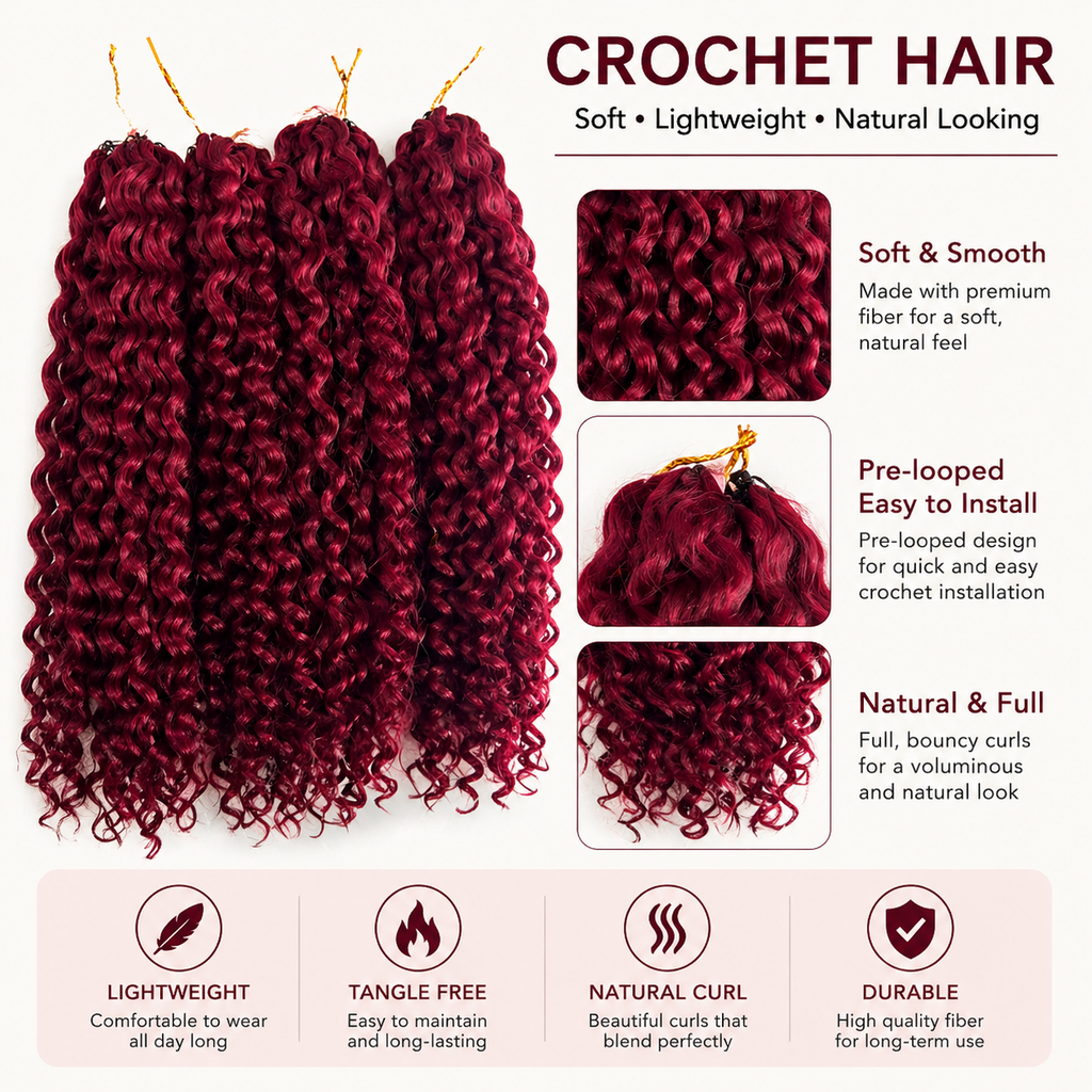 CM™ 99J Burgundy Crochet Human Hair Feather Hair Extensions 16in+18in+20in