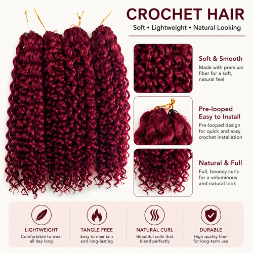 CM™ 99J Burgundy Crochet Human Hair Feather Hair Extensions 16in+18in+20in
