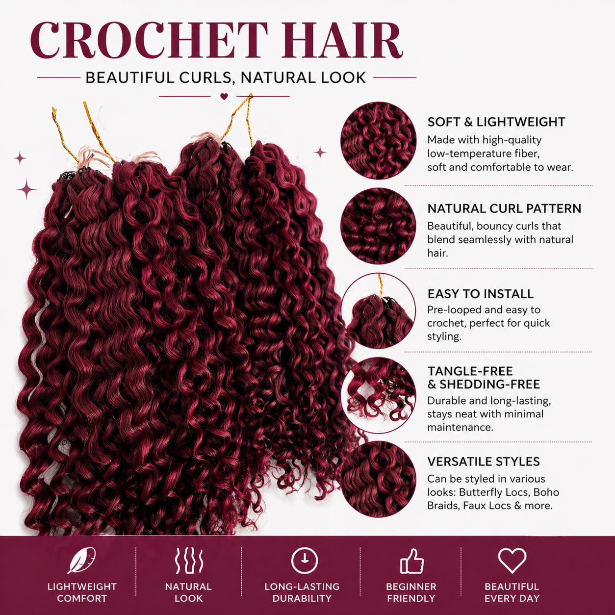 CM™ 99J Burgundy Crochet Human Hair Feather Hair Extensions 16in+18in+20in